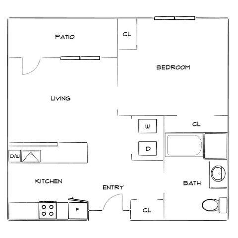 Modern floor plan featuring 1 bedroom, open living area with patio access, and a well-equipped kitchen.
