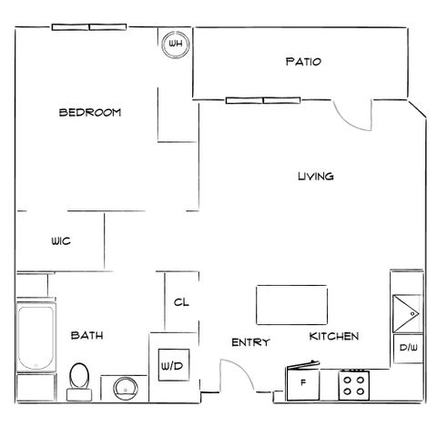 Modern apartment floor plan featuring 1 bedroom, spacious living area with patio access, efficient kitchen with dining space, and convenient laundry area.