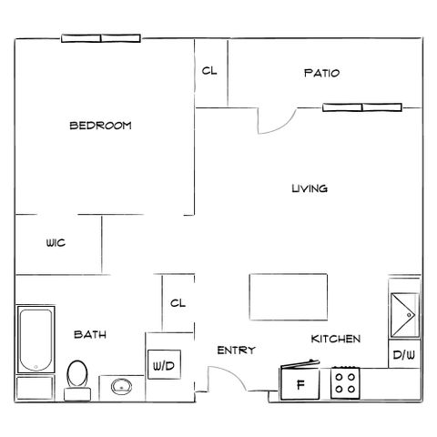 Inviting floor plan showcasing 1 bedroom, cozy living area with patio access, modern kitchen, and well-appointed bath.