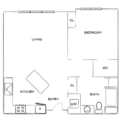 Modern apartment floor plan with open living area, sleek kitchen, and cozy bedroom with walk-in closet.