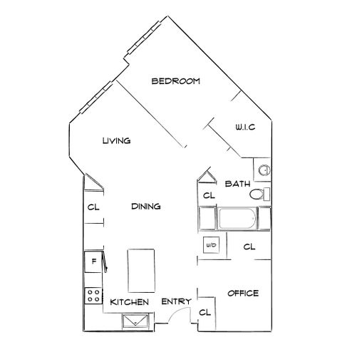 Modern floor plan showcasing an open living and dining area, spacious bedroom with walk-in closet, functional office space, and a well-equipped kitchen.