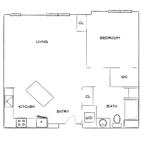 Contemporary floor plan highlighting an open-concept living space with kitchen, spacious bedroom with walk-in closet, and a modern bath.