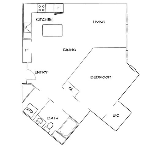 Modern 1-bedroom floor plan featuring an open-concept kitchen, dining, and living area, with a spacious walk-in closet and convenient bathroom layout.