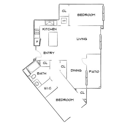 Modern floor plan showcasing a 2-bedroom apartment with open-concept living, dining area, and sleek kitchen with patio access.