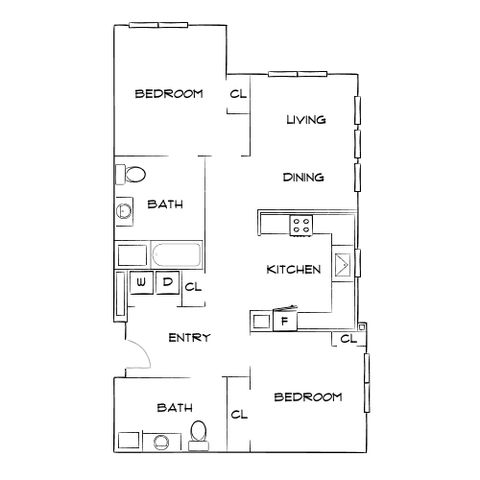 Modern floor plan showcasing 2 spacious bedrooms, open living and dining area, and a well-appointed kitchen, all designed for comfort and style.