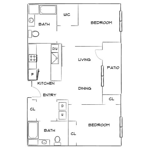 Modern floor plan showcasing 2 bedrooms, spacious living and dining area, a kitchen, patio, and 2 bathrooms with ample closet space.
