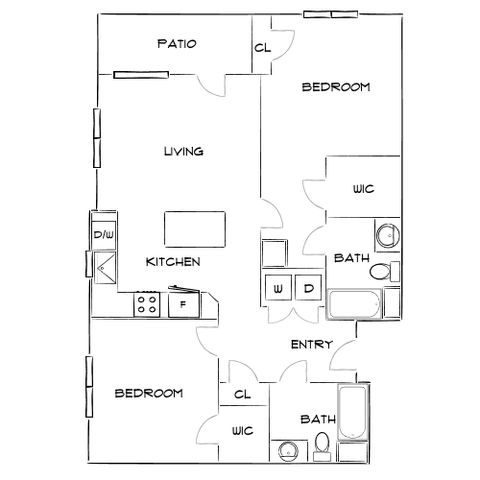Charming floor plan showcasing two bedrooms, an open kitchen, spacious living area with patio, and two bathrooms.