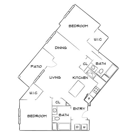 Elegant 2D floor plan showcasing 2 spacious bedrooms, modern kitchen, open living and dining areas, with patio access.