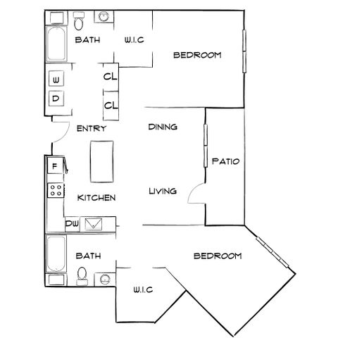 Elegant floor plan showcasing 2 bedrooms with walk-in closets, bright living and dining area, modern kitchen, and private patio.
