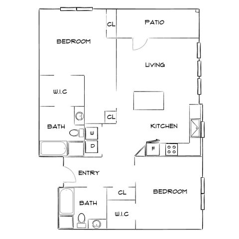 Modern apartment floor plan with 2 bedrooms, 2 bathrooms, open kitchen-living area, and spacious patio.