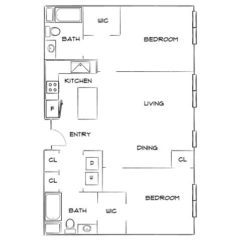 Modern floor plan featuring 2 spacious bedrooms, open kitchen, dining and living area, and convenient walk-in closets.