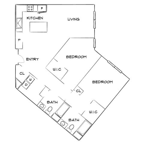 Innovative floor plan with two bedrooms, spacious living area, modern kitchen, and dual bathrooms, featuring ample storage and walk-in closets.