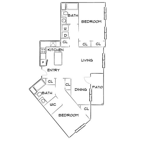 Inviting floor plan showcasing 2 bedrooms, spacious living and dining areas, modern kitchen, and patio.