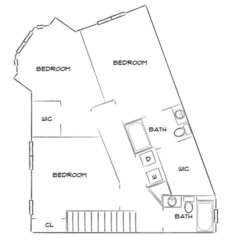 Modern floor plan showcasing three spacious bedrooms, two bathrooms, and a stylish walk-in closet design.