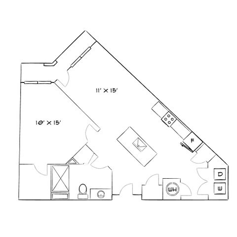 Modern 2D floor plan featuring a spacious living area with a stylish kitchen island, an open dining space, and a cozy single bedroom with an adjacent bathroom.