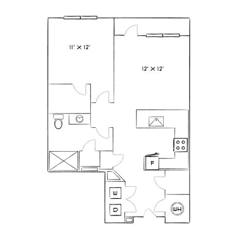 Chic floor plan featuring a spacious two-bedroom layout with modern kitchen, cozy living space, and convenient laundry area.