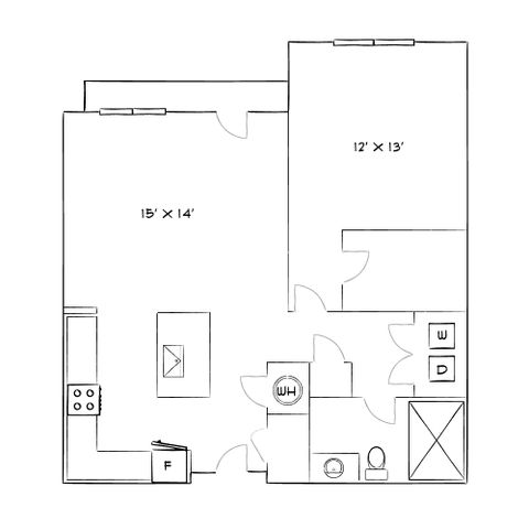Chic apartment floor plan featuring a spacious bedroom, open kitchen with island, and convenient laundry area.