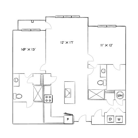Modern floor plan showcasing a well-designed layout with two spacious bedrooms, open living room, functional kitchen, and two bathrooms.