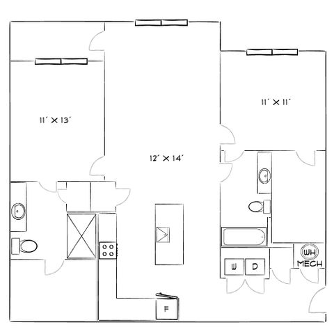 Elegant floor plan featuring 2 bedrooms, an open living area, modern kitchen, and convenient laundry facilities.