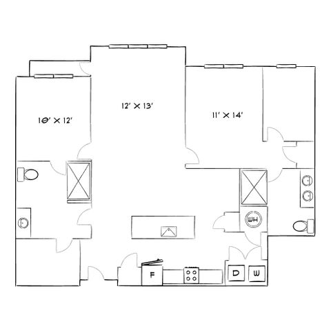 Contemporary floor plan featuring 2 bedrooms, an open-concept living space, modern kitchen, and two bathrooms.