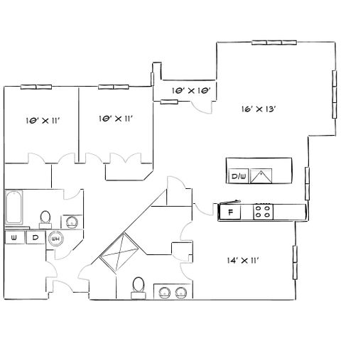 Spacious floor plan showcasing 3 bedrooms, a modern kitchen with an island, and an open living area with plenty of natural light.