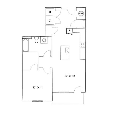 Modern floor plan featuring a spacious kitchen with an island, one bedroom, and a laundry area, designed for comfort and convenience.