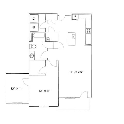 Elegant floor plan featuring 2 bedrooms, a modern kitchen, and a spacious living area.