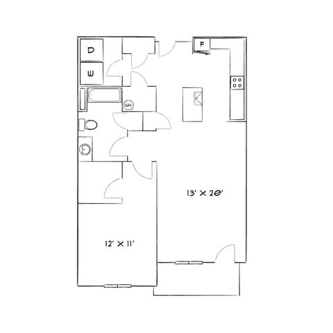 Elegant floor plan showcasing a spacious 13x20 living room, modern kitchen, and cozy 12x11 bedroom, perfect for efficient living.