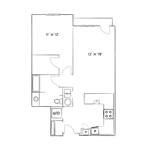 Modern floor plan featuring a spacious living area, one bedroom, convenient kitchen, and a well-equipped bathroom with washer and dryer.