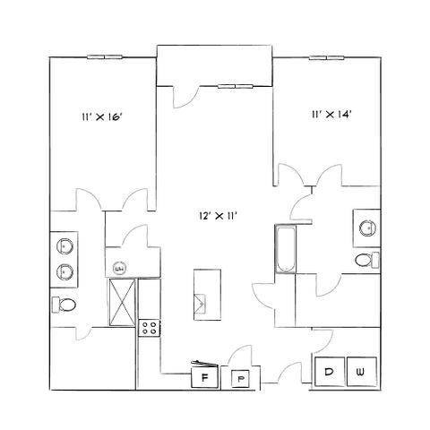 Modern floor plan featuring spacious living area, two bedrooms, kitchen with island, and two bathrooms.