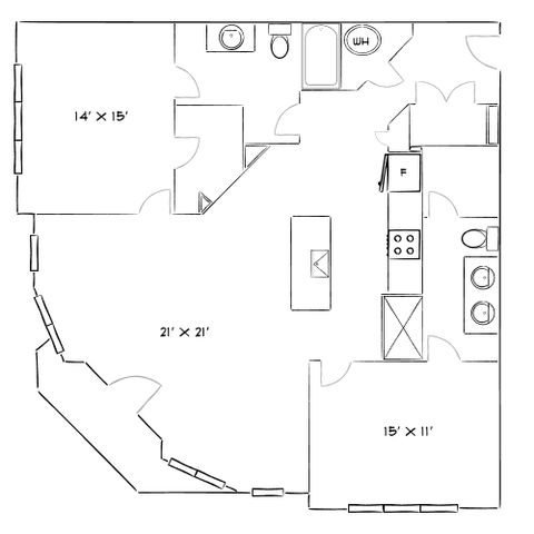 Modern floor plan showcasing a spacious layout with large living area, stylish kitchen, and cozy bedroom.