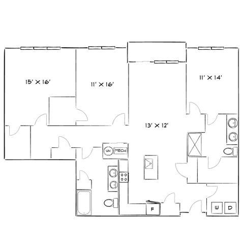 Spacious floor plan featuring three bedrooms, an open living area, and a modern kitchen with convenient laundry facilities.