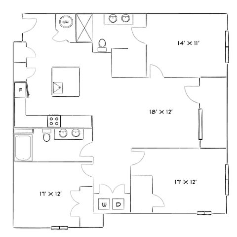 Elegant floor plan showcasing three bedrooms, an open-concept living area, and a modern kitchen with island, perfectly designed for optimal space use.