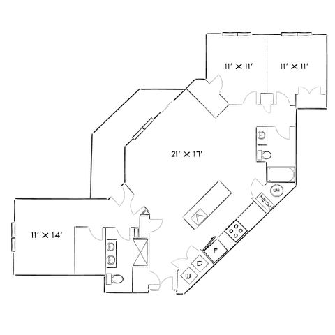 Elegant floor plan showcasing 3 bedrooms and a sprawling kitchen with open-concept living area.