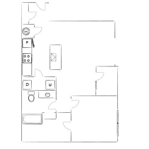 Chic floor plan layout featuring an open kitchen, cozy living space, and modern amenities.
