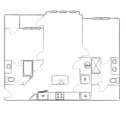 Contemporary floor plan showcasing two bedrooms, a sleek kitchen, and a cozy living area with two bathrooms.