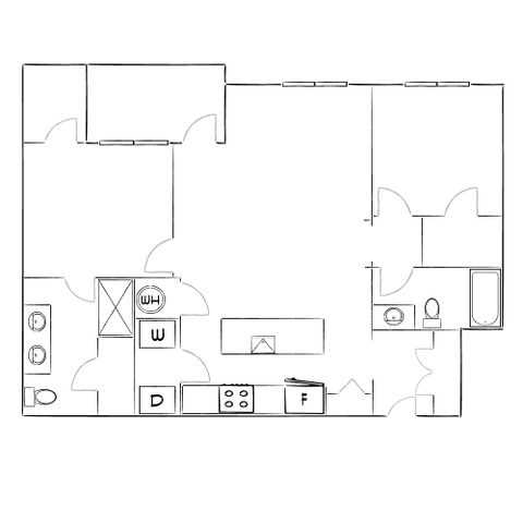 Chic apartment floor plan with 2 bedrooms, modern kitchen, and spacious living area.