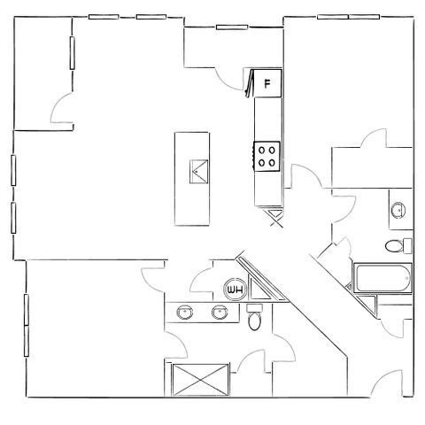 Modern floor plan showcasing 2 bedrooms, a spacious kitchen with an island, and a luxurious bathroom.