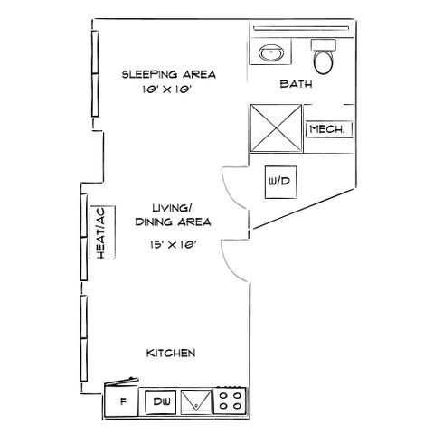 Cozy floor plan featuring a sleeping area, integrated living/dining space, efficient kitchen, and a well-designed bathroom with W/D setup.