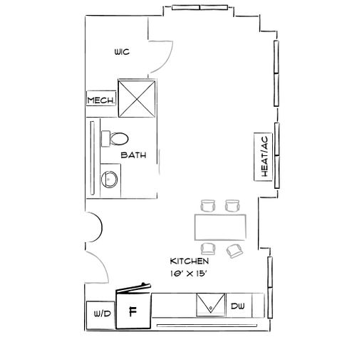 Efficient floor plan showcasing a spacious kitchen, bathroom, and walk-in closet, perfect for modern living.