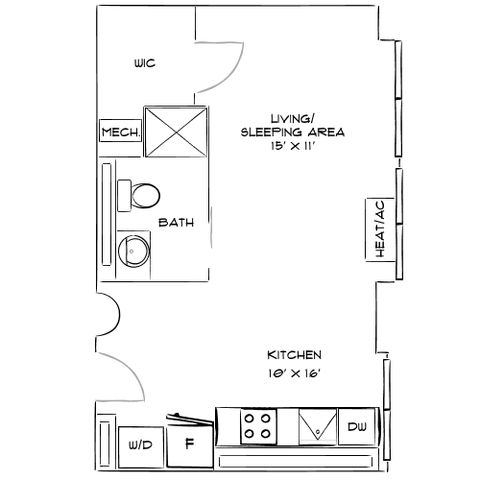 Chic studio apartment floor plan with open living and sleeping area, stylish kitchen, and modern bath.