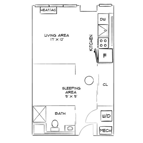 Cozy studio floor plan showcasing a combined living and sleeping area, efficient kitchen, and modern bathroom layout.