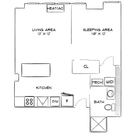 Efficient studio apartment floor plan featuring a living area, separate sleeping area, compact kitchen, and bathroom with washer/dryer.