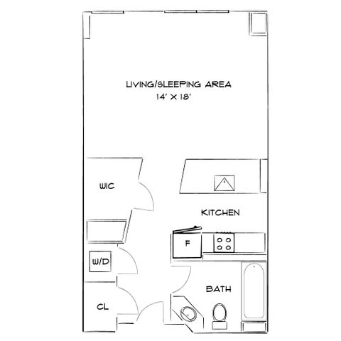 Efficient studio floor plan featuring a spacious living/sleeping area, modern kitchen, and convenient bathroom.