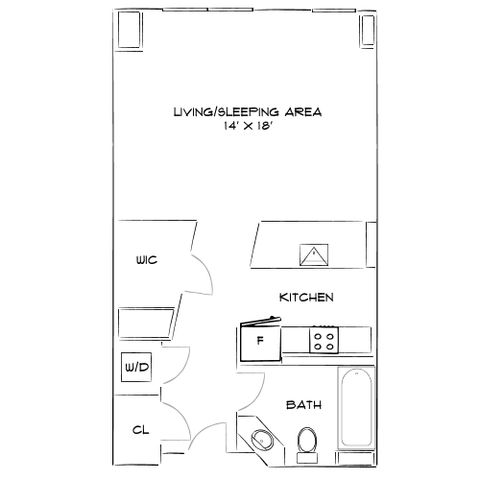 Modern studio apartment floor plan featuring an open living and sleeping area, compact kitchen, spacious bath, and convenient walk-in closet.