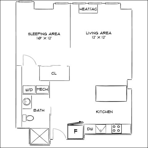 Efficient studio apartment floor plan featuring a sleeping area, open living space, and modern kitchen with dishwasher.