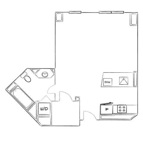 Modern floor plan showcasing open living area, efficient kitchen with appliances, and convenient bathroom layout with washer/dryer.