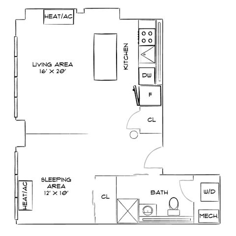 Modern floor plan featuring a spacious living area, cozy sleeping area, efficient kitchen, and a well-equipped bath with laundry facilities.
