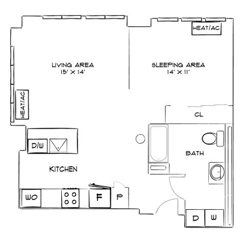Modern floor plan featuring open-concept living and sleeping area, spacious kitchen with appliances, and convenient bath layout.