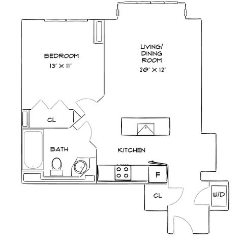 Chic floor plan featuring a spacious living/dining room, modern kitchen, cozy bedroom, and convenient bath layout with washer/dryer space.